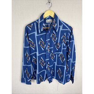 Vintage 70s Pariani Blue Geometric Disco Shirt Long Sleeve Polyester Mens L